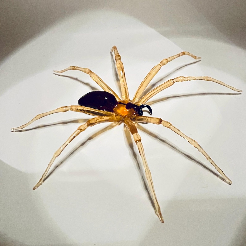 May include: A glass spider sculpture with a clear amber body and black head. The spider has eight legs and is posed in a crawling position.
