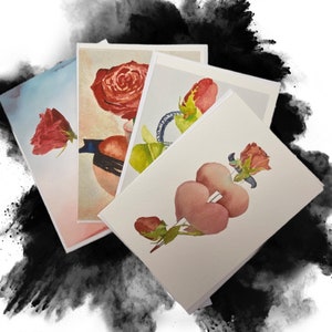 Cuori e rose con tatuaggio gotico. Biglietti con interno vuoto. Set assortiti di 4 acquerelli, stampati singolarmente su carta per acquerello 13x18 cm.