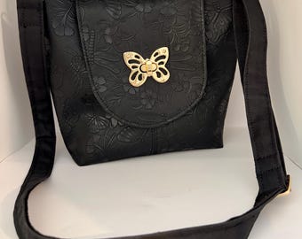 Black Butterfly and Dragonfly handmade embossed vegan leather multi-pocket crossbody bag. Free shipping in USA.