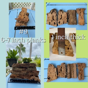 K&ouml;nnte beinhalten: Eine Auswahl an Naturholzbrettern, etwa 15-18 cm lang und 2,5 cm dick, mit einer strukturierten, verwitterten Optik. Die Bretter weisen eine Mischung aus hellen und dunklen Braunt&ouml;nen auf, mit sichtbaren L&ouml;chern und Unvollkommenheiten. Der Text auf dem Bild lautet "#9" und "6-7 inch planks".