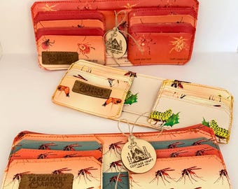 Insect embellished Vegan Leather Wallets: 3 choices of original designs custom printed, Handmade in USA. Matching gift card.