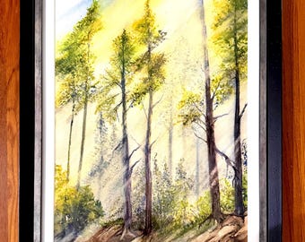 Misty Mountain Morning Watercolor Painting, Award Winning Forest Scene, 18x26 Framed Art