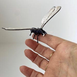 Puede incluir: Una escultura de insecto de vidrio negro y plateado con alas transparentes. El insecto está posado en un dedo.