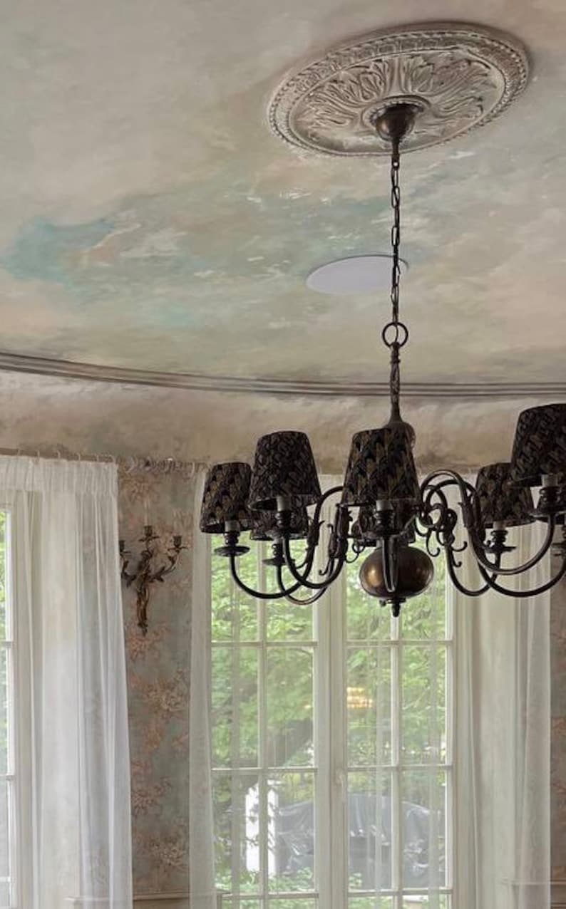 May include: A black chandelier with multiple lights hangs from a decorative ceiling medallion. The chandelier has a dark metal frame and black fabric shades. The ceiling is painted in a light gray color with a subtle blue and green marbling effect.