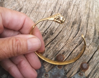 Brass bangle, lion head cuff bracelet