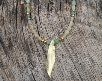 Opal olive leaf necklace, adjustable necklace