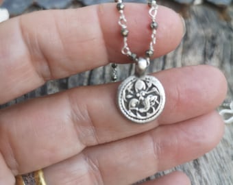 Durga amulet necklace, pyrite rosary necklace