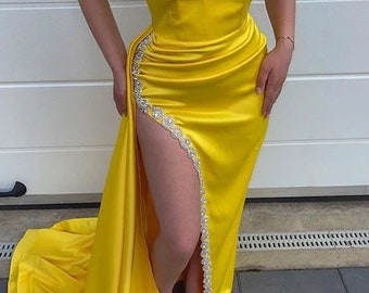 Yellow mermaid satin evening dress,off shoulder high slit prom gown,African dress,women outfit,formal gown,reception attire,dinner gown