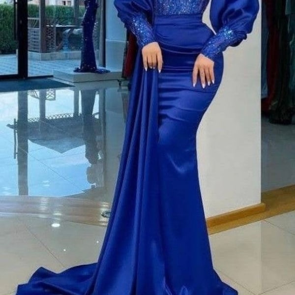 Blue lace satin prom gown,dinner dress,Nigerian party outfit,reception gown,wedding guest gown,native attire,women clothing,evening gown