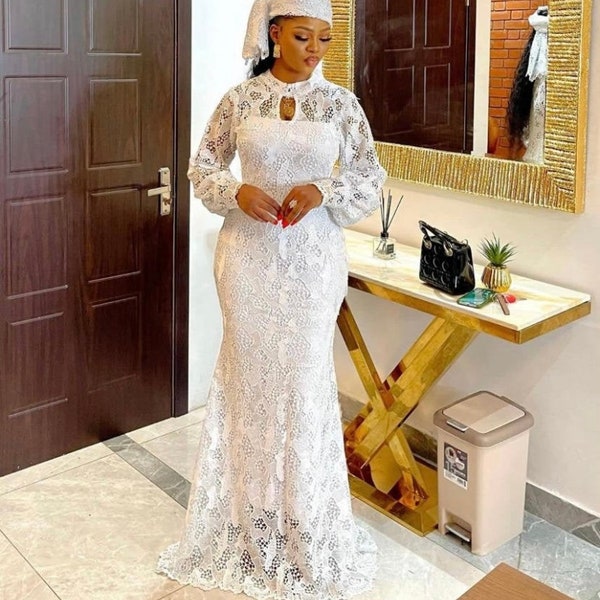 White long party lace style,wedding guest outfit,cord lace dress,women clothing,reception gown,Nigerian native attire,aso ebi ladies cloth