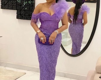 Lilac lace outfit, elegant prom dress, lace style, evening gown, event attire, purple weeding dress, guest reception cloth, African fashion