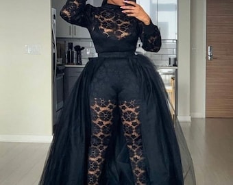 Black lace wedding jumpsuit, long sleeve attire, prom jumpsuit with cape, African jumpsuit, female jumper, reception outfit, women clothing
