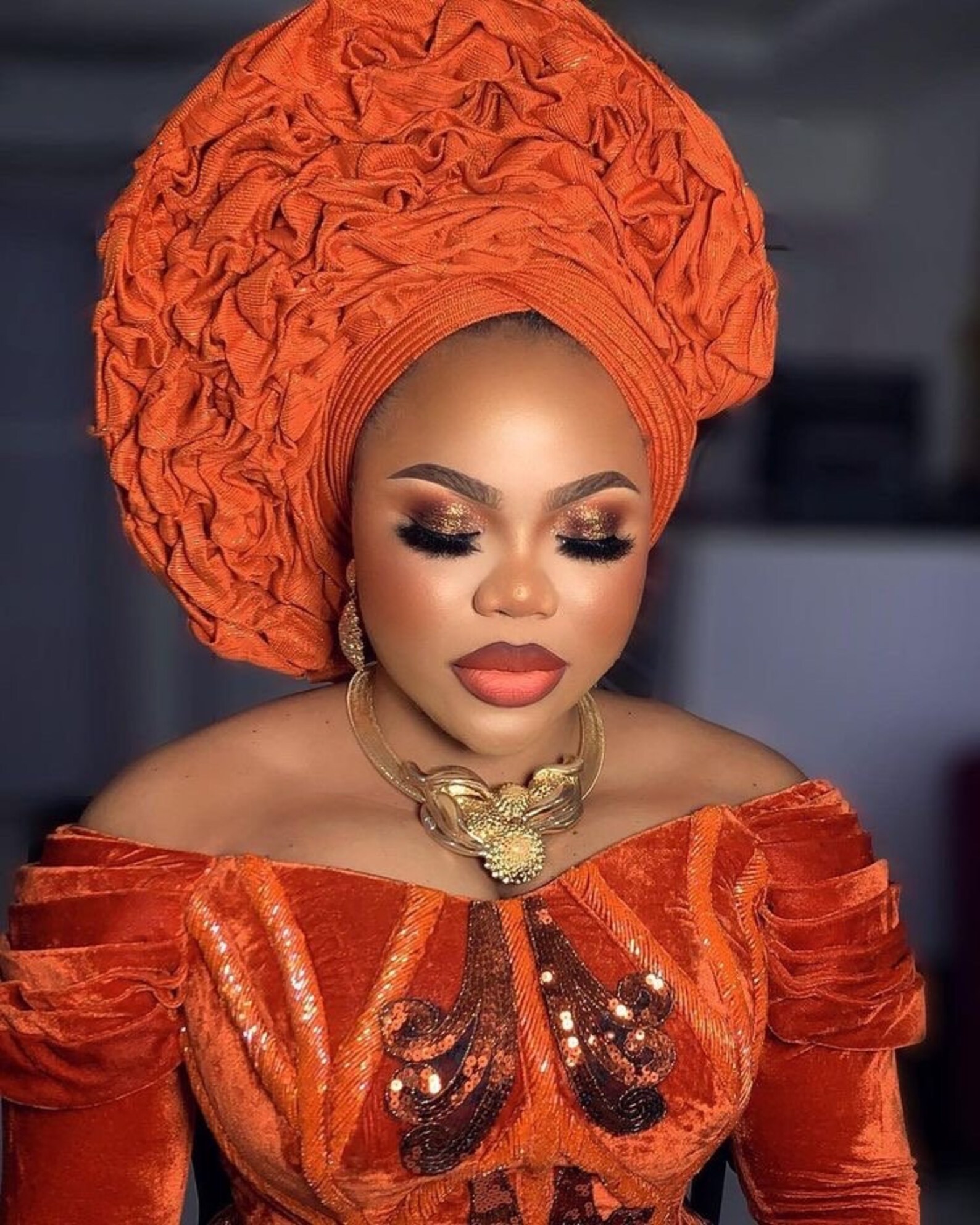 Burnt Orange Aso Oke Auto Gele,wedding Head Tie,pre Tied Hat,women