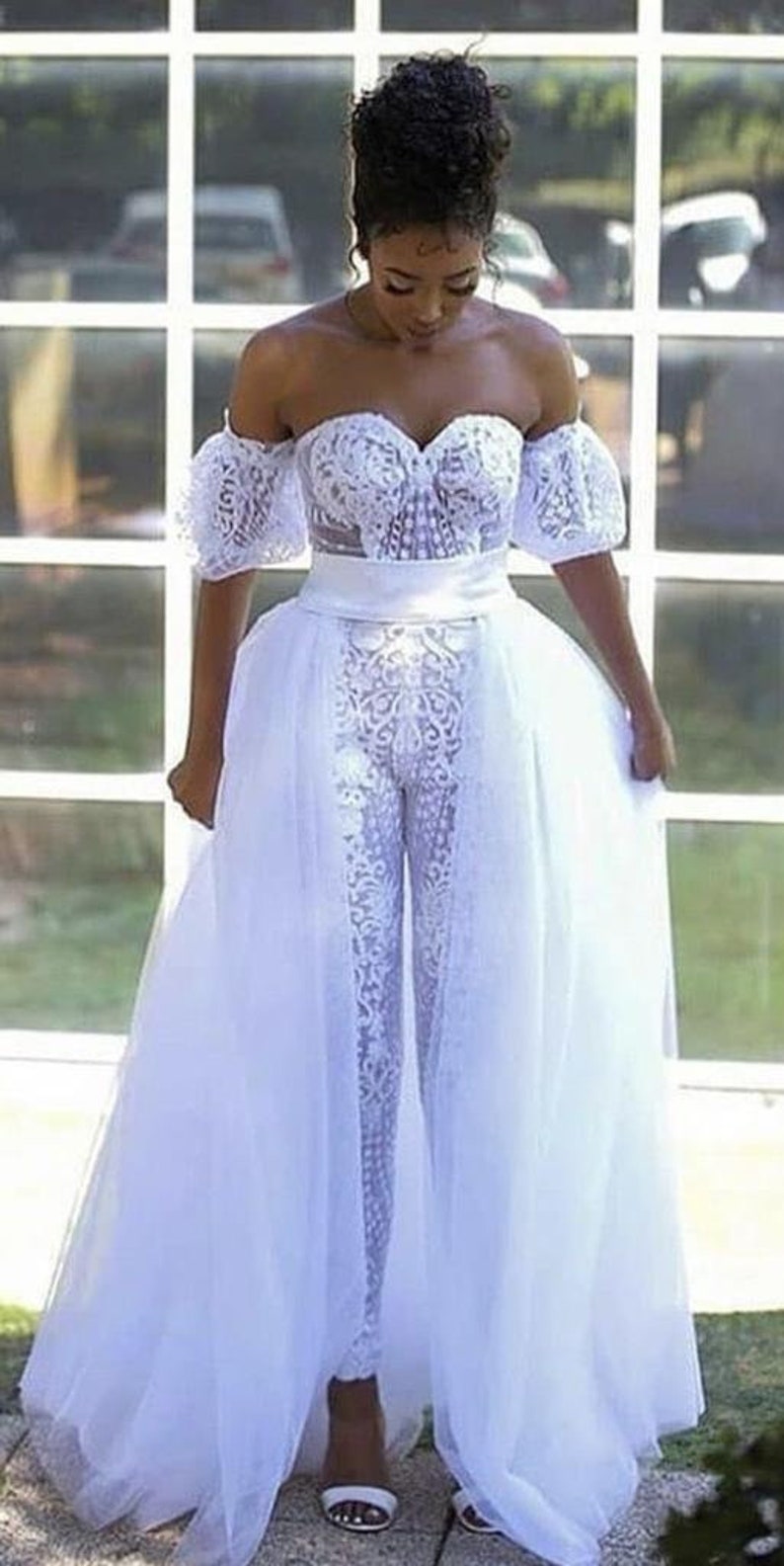 Bridal lace jumpsuit with cape, African wedding jumpsuit, White wedding jumpsuit, civil wedding wear, reception jumper,corset wedding romper image 1