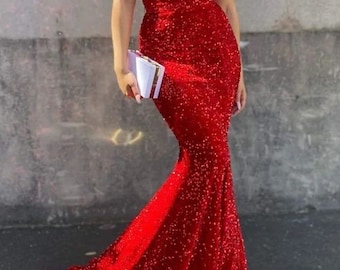 Red sequins mermaid evening dress,elegant prom gown,African dress,women outfit,formal gown,reception attire,African fashion,red dinner gown