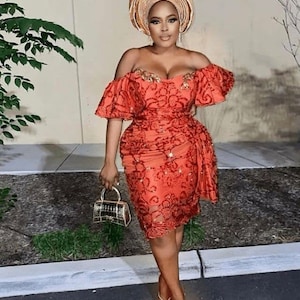 Party lace style,wedding guest outfit,lace dress,women clothing,reception gown,Nigerian native attire,aso ebi ladies cloth,burnt orange gown image 1