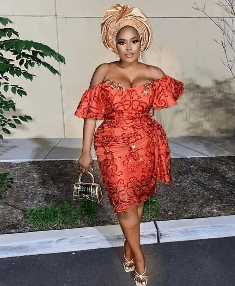 Party lace style,wedding guest outfit,lace dress,women clothing,reception gown,Nigerian native attire,aso ebi ladies cloth,burnt orange gown image 1