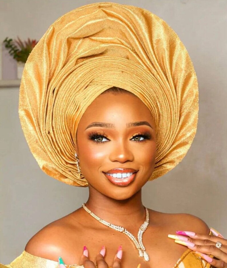 Gold Ready Made Asooke Autogele wedding Head Tie pre Tied Hat women gold-ready-made-asooke-autogele-wedding-head-tie-pre-tied-hat-women