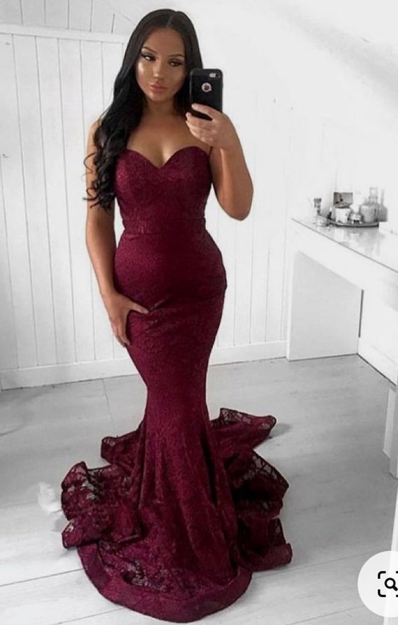 Burgundy Lace Evening Dress mermaid Strapless Lace Prom Gown