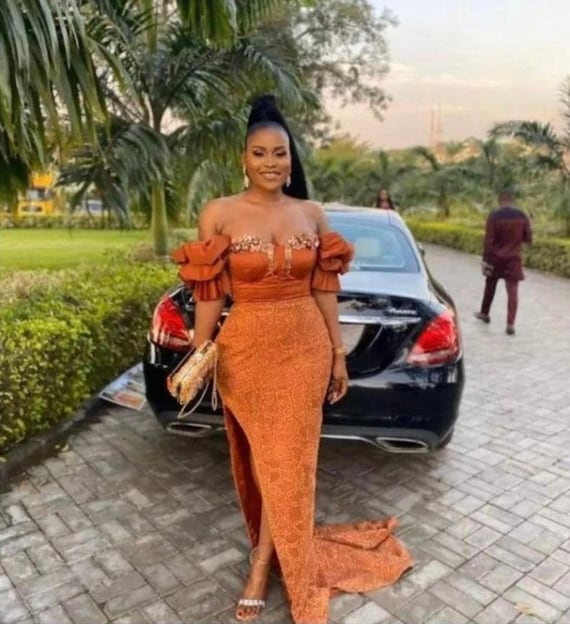 Burnt orange wedding outfit,floor length thigh dress,women clothing,party  outfit,wedding guest wear,owambe gown,Nigeria attire,evening dress