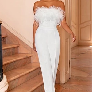 White feather jumpsuit,dinner date jumper,sleeveless romper,prom jumpsuit,wedding jumpsuit,reception outfit,event jumper,all white party wea