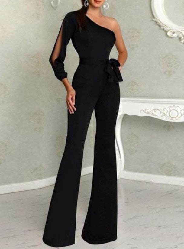 Stylish one shoulder slit sleeve cheap black jumpsuit