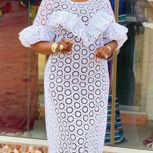 White Lace style, cord lace outfit, women clothing, Nigerian native dress,  party gown, party guest wear, bubu party dress, African fashion