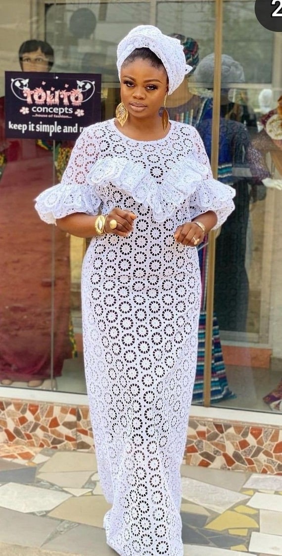 White Lace style, cord lace outfit, women clothing, Nigerian native dress,  party gown, party guest wear, bubu party dress, African fashion