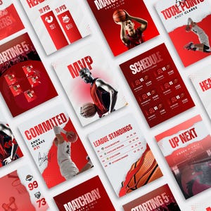 May include: A selection of red and white basketball posters. The posters display basketball players, game schedules, and text including "MVP", "Starting 5", and "Head2Head". The designs have a dynamic and energetic aesthetic, suitable for sports promotion.