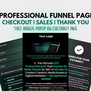 May include: Image promoting 3 professional funnel pages: checkout, sales, and thank you. Includes a free bonus popup. The image features a form, a phone screen, and a thank you page. Text includes "The Ultimate (XYZ Product/Service) That Unlocks 10x Better Results."