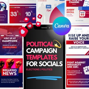 May include: A collage of social media templates for political campaigns. The templates feature a variety of designs, including red, white, and blue color schemes, and text that says "Political Campaign Templates for Socials" and "Elections | Politics".