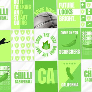 Peut inclure: Un collage de graphiques verts et blancs avec des thèmes de basket-ball, de piment et de Californie. Le texte comprend "Chilli Basketball", "Spice Kings", "Future Looks Bright" et "Bring the Heat".