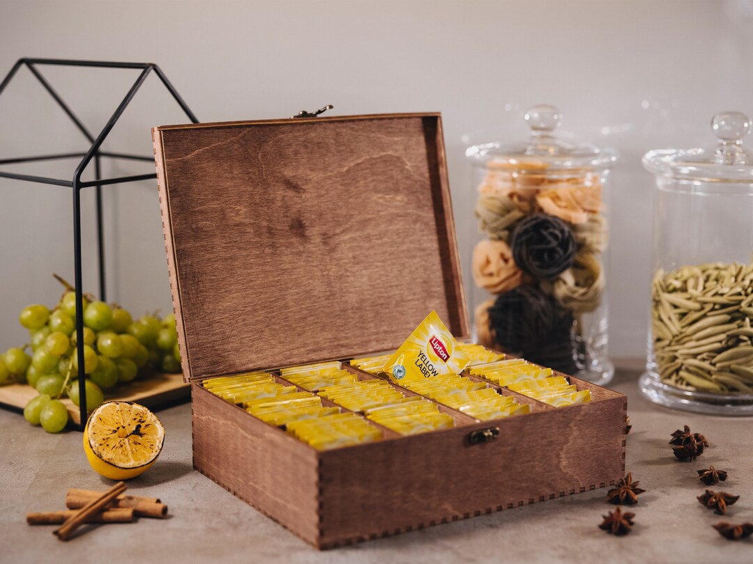 Tea Box Organizer 12 Compartments Wooden Tea Caddy Engraved Tea Bag