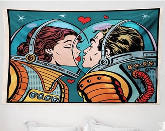 Astronaut Tapestry, Romantic Astronauts Tapestry, Love In Space Wall Art, Wall Tapestry