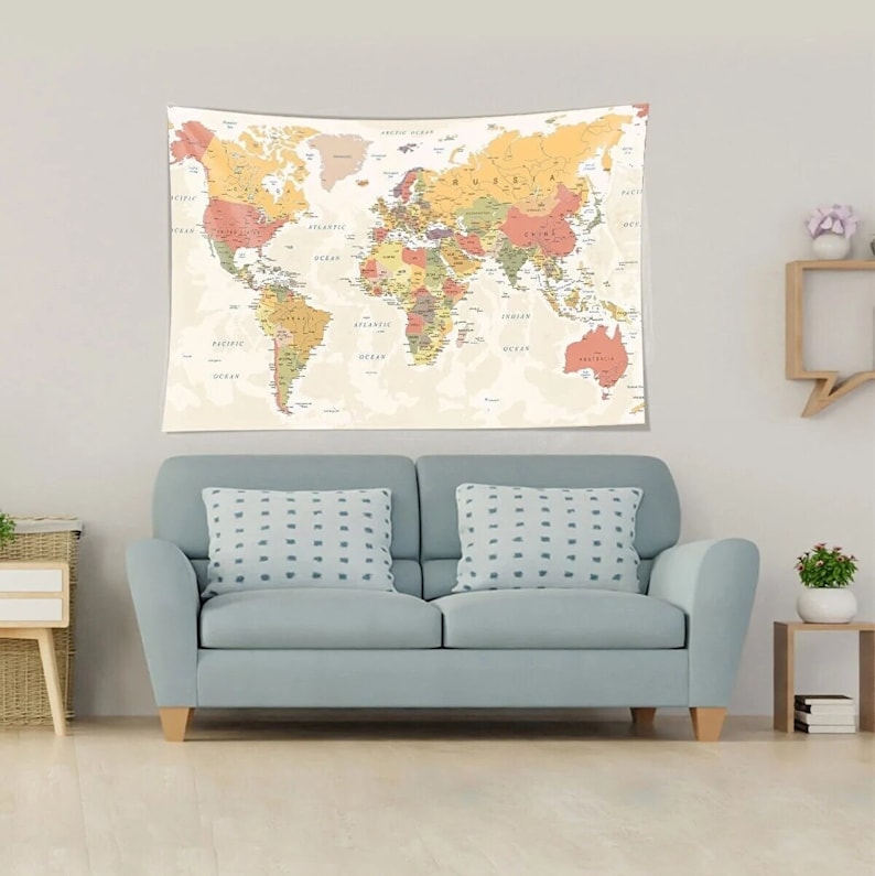 World Map Tapestry, Map of the World Wall Decor, Wall Hangings, Home 