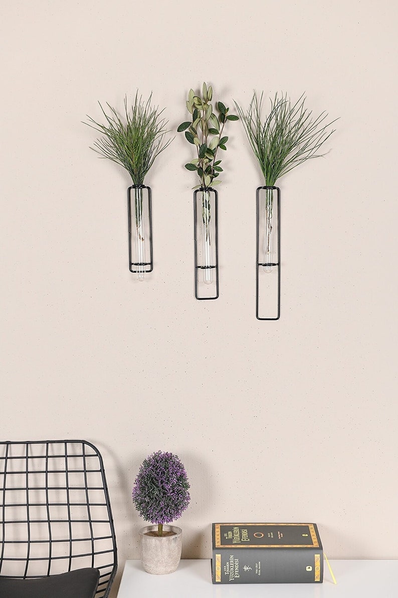 Vintage Glass Wall Vase Metal Wall Art, Black Glass Tube Wall Shelf and Decoration, Metal Vase