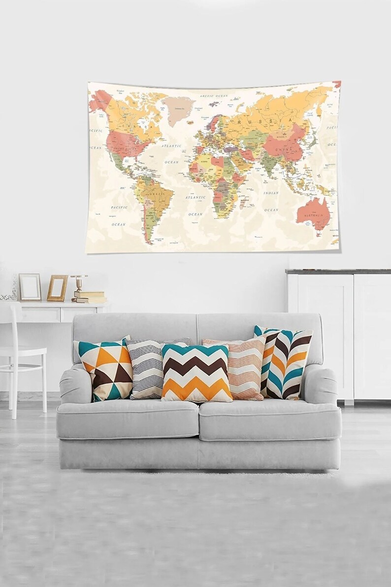 World Map Tapestry, Map of the World Wall Decor, Wall Hangings, Home 