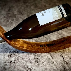 Olive Wood C-Shape Wine Rack, Lasered Engraved, Personalized Gift