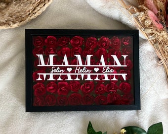 Cadeau pour la fête des mères - cadre floral personnalisé prénom - fleurs rouges - cadeau personnalisé maman