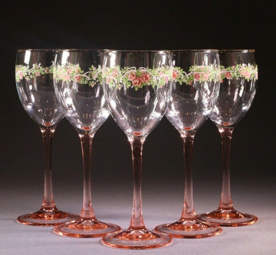 Luminarc Beautiful Wine Glasses Roses Pink Stems Vintage Etsy Australia