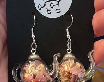 Lovely Glass Teapot Dangle Earrings With A Mix of PINK & WHITE Dried and Paper Flowers Inside Sterling Silver Hooks Pretty Teapot Earrings
