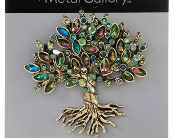 Belle broche en forme de sapin en strass avec racines NOUVELLE galerie de métaux arbre de vie coloré