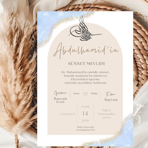 May include: A light blue and beige invitation card with Arabic calligraphy that reads "Abdulhamid'in Sunnet Mevlidi". The card includes the date "December 14, 2024" and the location "Ditib Osterode Am Bahnhof 10A".