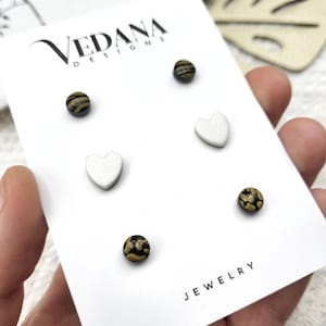 Mini Ohrstecker Set // kleine Ohrstecker aus Edelstahl und Polymer Clay // Zebra Leopard Herz Schwarz Gold Perlweiß