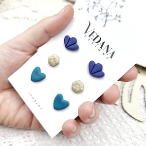 Earrings Set // Stainless Steel Earrings made of Polymer Clay // Seckseck, circle in dark blue, turquoise and gold glitter