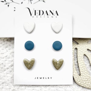 Earrings Set // Stainless Steel Earrings made of Polymer Clay // Heart Earrings, turquoise, gold, pearl white, white, glitter