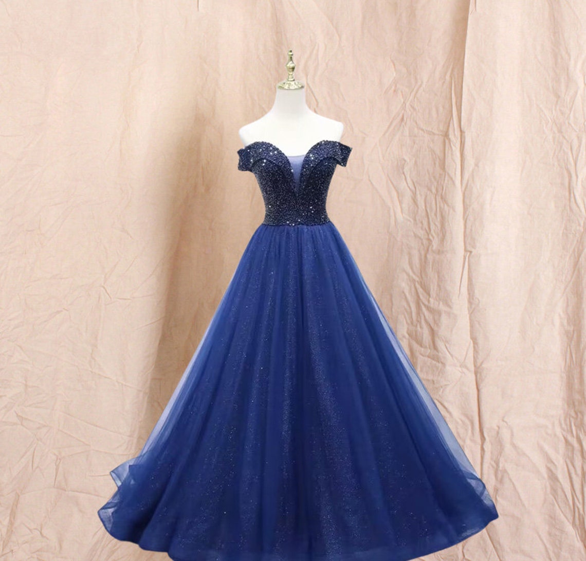 Royal Blue Off the shoulder Tulle a line Ball GownBeads image 1