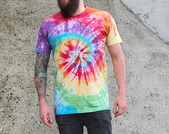 Classic rainbow spiral tie dye t-shirt – Unisex sizes XS–5XL |  Handmade colorful boho hippie festival tee