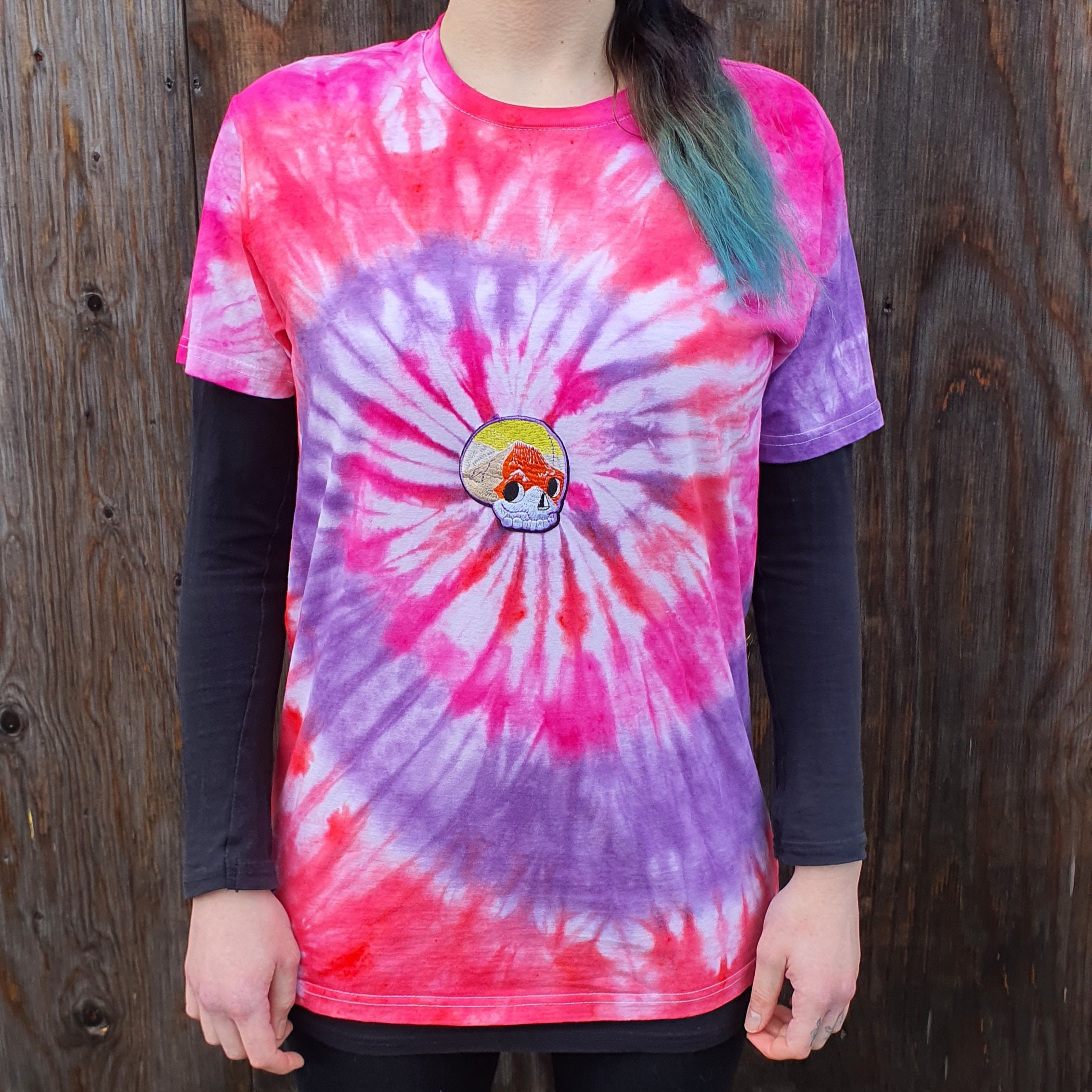 Discover Pink - purple - red spiral tie dye t-shirt with skull patch unisex size S