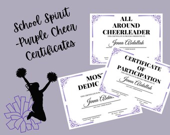 Puede incluir: Tres certificados de porristas morados y blancos con una silueta negra de una porrista en el fondo. Los certificados son para "All Around Cheerleader", "Certificado de Participación" y "Most Dedicated".